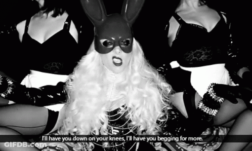 A Woman Wearing A Bunny Mask Says I 'Ll Have You Down On Your Knees GIF