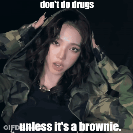 A Woman Wearing A Camouflage Jacket Says " Don 'T Do Drugs Unless It 'S A Brownie " GIF