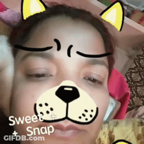A Woman Wearing A Cat Face Mask With The Words Sweet Snap Written On The Bottom GIF