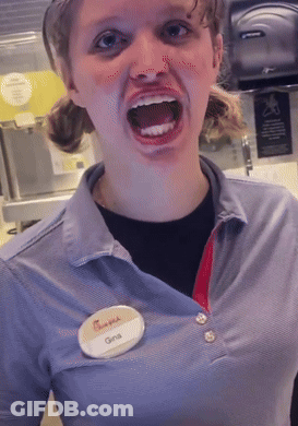 A Woman Wearing A Chick-Fil-A Shirt Has A Name Tag That Says Gina GIF