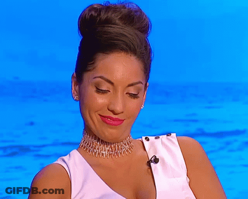 A Woman Wearing A Choker And Earrings Looks Down GIF