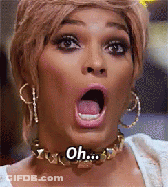 A Woman Wearing A Choker And Hoop Earrings Is Making A Surprised Face With Her Mouth Open . GIF