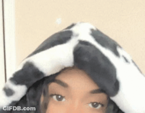 A Woman Wearing A Cow Print Hat Is Covering Her Head With A Blanket . GIF
