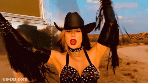 A Woman Wearing A Cowboy Hat And Fringe Gloves GIF