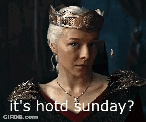 A Woman Wearing A Crown And A Necklace Is Saying `` It 'S Hot Sunday ? '' . GIF
