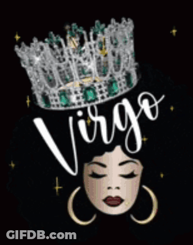 A Woman Wearing A Crown With The Word Virgo Written On It GIF