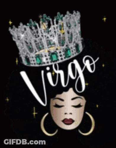 A Woman Wearing A Crown With The Word Virgo Written On It GIF