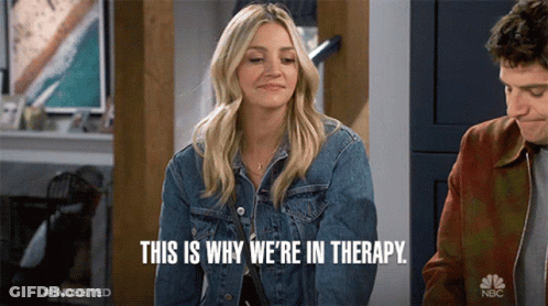 A Woman Wearing A Denim Jacket Says This Is Why We 'Re In Therapy GIF