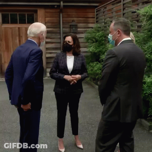 Woman In Face Mask Talking To Men In Suits GIF