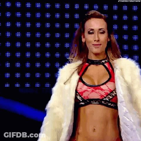 A Woman Wearing A Fur Coat And A Bra Is Walking On A Stage . GIF