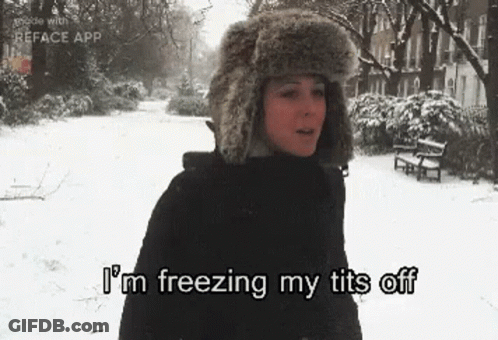 A Woman Wearing A Furry Hat Is Standing In The Snow And Says `` I 'M Freezing My Tits Off '' . GIF