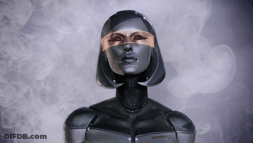 A Woman Wearing A Futuristic Costume And Glasses With The Letter U On Her Neck GIF
