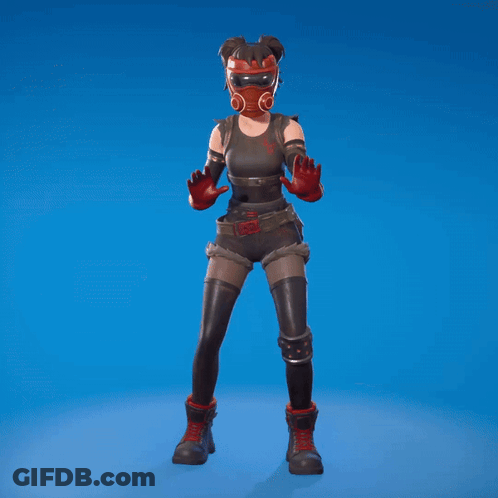 A Woman Wearing A Gas Mask And Gloves Is Standing In Front Of A Blue Background GIF