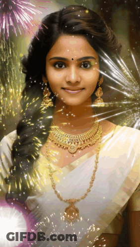 A Woman Wearing A Gold Necklace And Earrings Is Smiling With Fireworks In The Background GIF