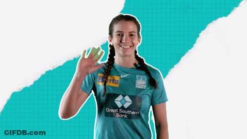 A Woman Wearing A Great Southern Bank Shirt Waves GIF