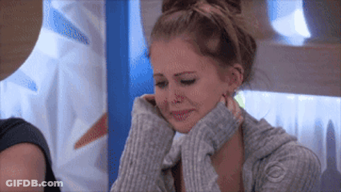 A Woman Wearing A Grey Sweater Is Crying And Covering Her Face With Her Hands GIF