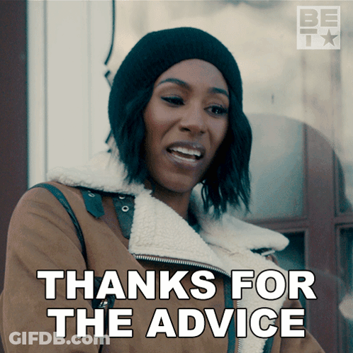A Woman Wearing A Hat And A Jacket Says " Thanks For The Advice " GIF