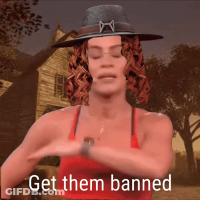 A Woman Wearing A Hat And A Red Tank Top With The Words Get Them Banned Below Her GIF