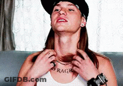 A Woman Wearing A Hat And A Tank Top Has The Word Ragr On Her Chest GIF