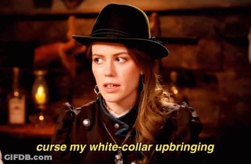 A Woman Wearing A Hat Says Curse My White Collar Upbringing GIF