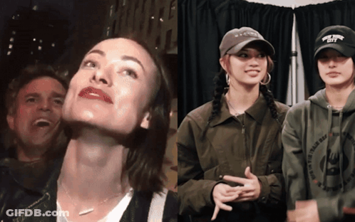 A Woman Wearing A Hat That Says The North Face Stands Next To Two Other Women GIF