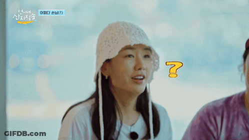 A Woman Wearing A Hat With A Question Mark On Her Forehead GIF
