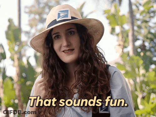 A Woman Wearing A Hat With A Usps Logo On It Says That Sounds Fun GIF