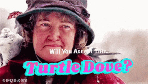 A Woman Wearing A Hat With The Words " Will You Accept This Turtle Dove " GIF