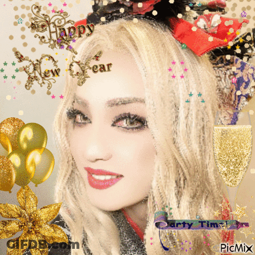 A Woman Wearing A Headband With The Words Happy New Year On It GIF