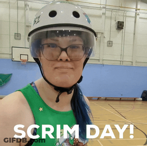 A Woman Wearing A Helmet And Glasses Has The Words Scrim Day Written Below Her GIF