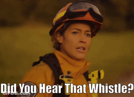 A Woman Wearing A Helmet And Goggles Is Asking Did You Hear That Whistle GIF
