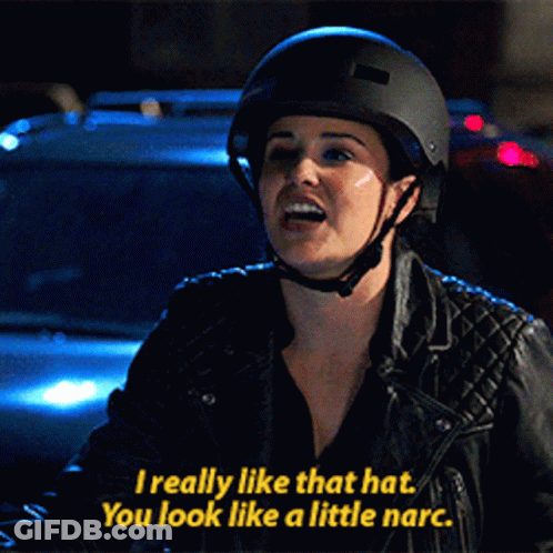 A Woman Wearing A Helmet Says I Really Like That Hat You Look Like A Little Narco GIF