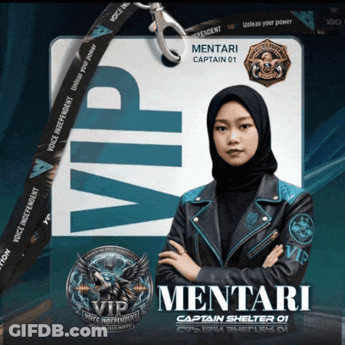 A Woman Wearing A Hijab And A Leather Jacket Has The Name Mentari On Her Lanyard GIF