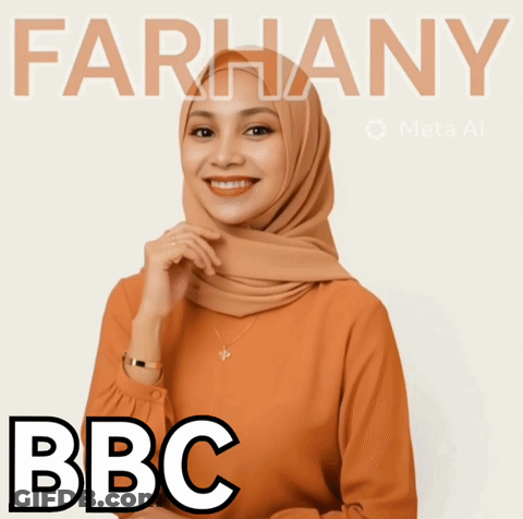 A Woman Wearing A Hijab Is Smiling In Front Of A Poster That Says Farhany Bbc GIF