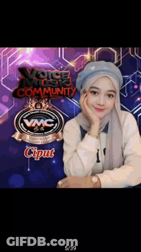 A Woman Wearing A Hijab Is Standing In Front Of A Voice Music Community Logo GIF