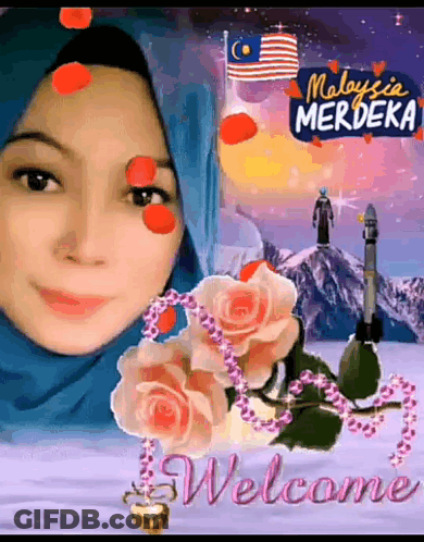 A Woman Wearing A Hijab Is Surrounded By Flowers And A Welcome Sign . GIF