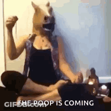 A Woman Wearing A Horse Mask Is Sitting In A Lotus Position With Her Fist In The Air . GIF