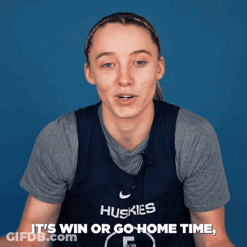 A Woman Wearing A Huskies Jersey Says " It 'S Win Or Go Home Time " GIF