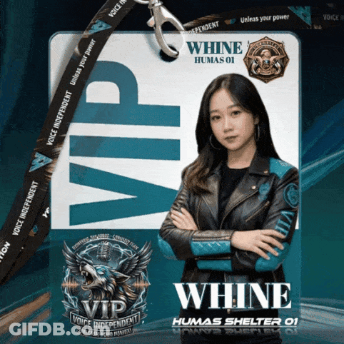 A Woman Wearing A Leather Jacket And A Lanyard With The Name Whine On It GIF