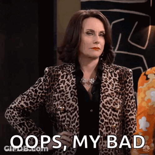 A Woman Wearing A Leopard Print Jacket Says " Oops My Bad " GIF