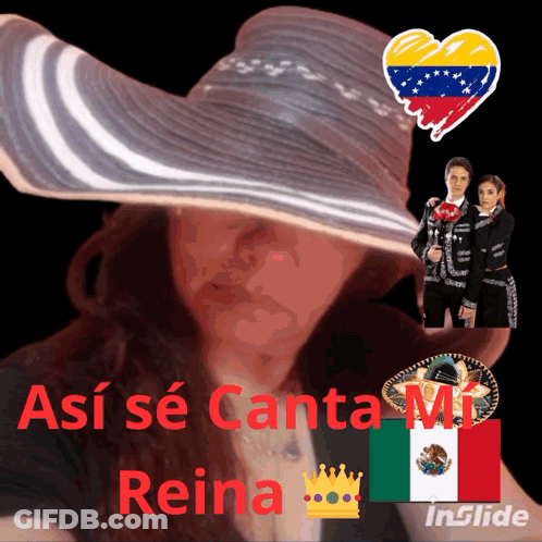 A Woman Wearing A Mariachi Outfit And A Hat With The Words " Así Se Canta Mi Reina " GIF