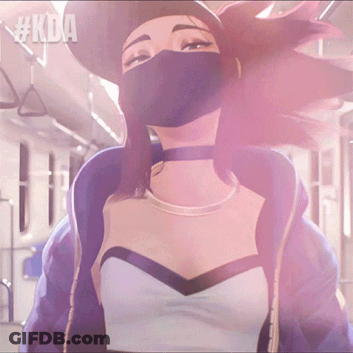 A Woman Wearing A Mask With The Hashtag #Kda On The Bottom Right GIF