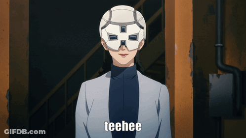 A Woman Wearing A Mask With The Word Teehee On The Bottom GIF