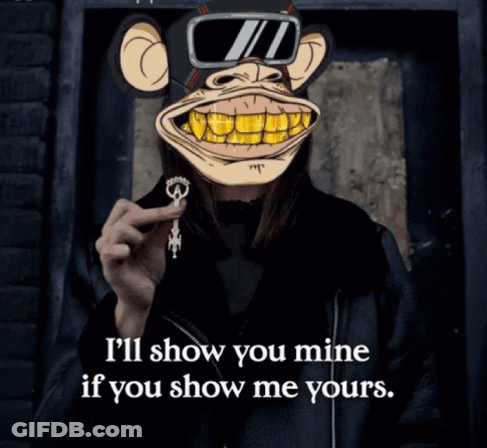 A Woman Wearing A Monkey Mask Holds A Key And Says I 'Ll Show You Mine If You Show Me Yours . GIF