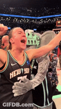 A Woman Wearing A New York Jersey Celebrates With A Mascot GIF