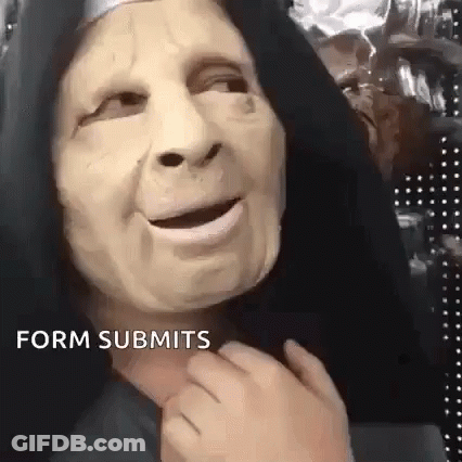 A Woman Wearing A Nun 'S Mask With The Words `` Form Submits '' Written On The Bottom . GIF