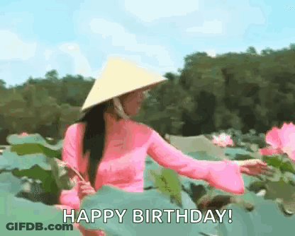 A Woman Wearing A Pink Dress And A Conical Hat Is Standing In A Field Of Water Lilies . GIF