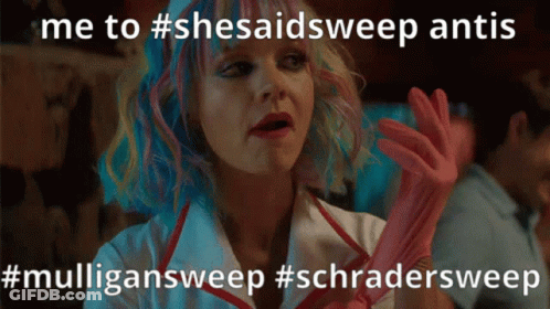 A Woman Wearing A Pink Glove Says Me To #Shesaidsweep Antiis GIF