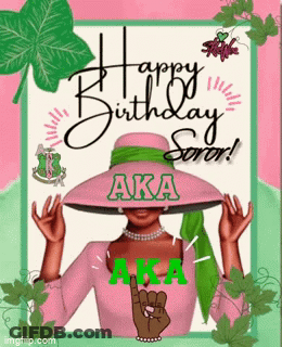 A Woman Wearing A Pink Hat And A Green Scarf Is On A Birthday Card For A Sorority . GIF