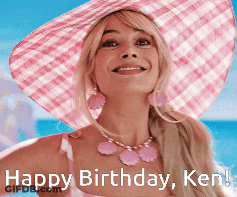 A Woman Wearing A Pink Hat And A Pink Necklace Is Smiling And Says Happy Birthday Ken GIF